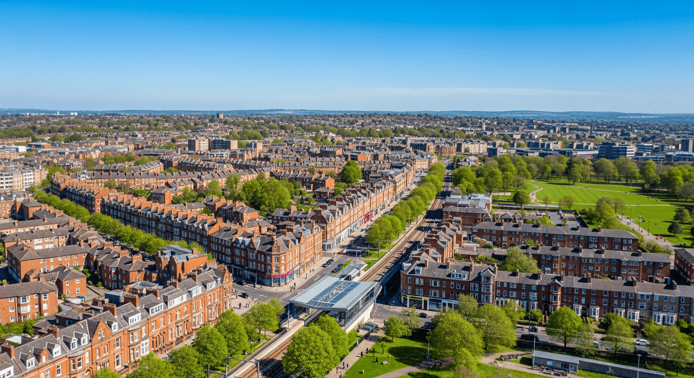 Aerial view of Gosforth's tree-lined streets and green spaces