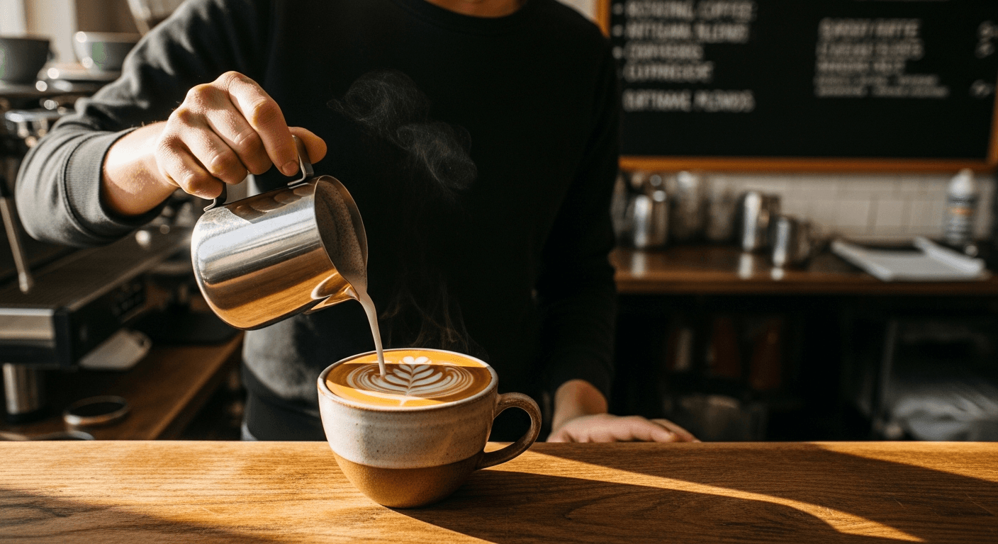 Latte art being poured at an independent cafe